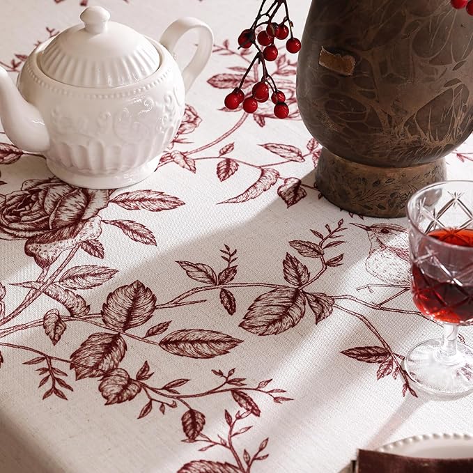 Vintage Rectangular Tablecloth, Linen Table Cloth with Dark Red Floral Leaves and Birds Pattern, Heavy Durable Table Cover for Dining Kitchen Decor Party Christmas, 63" * 102"