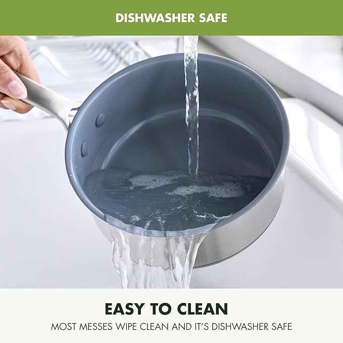 GreenPan Stainless Steel Treviso 2.1QT Saucepan with Lid, Healthy Ceramic Nonstick, PFOA-Free PFAS-Free, Induction, Dishwasher Safe, Oven Safe, Even Heating, Silver