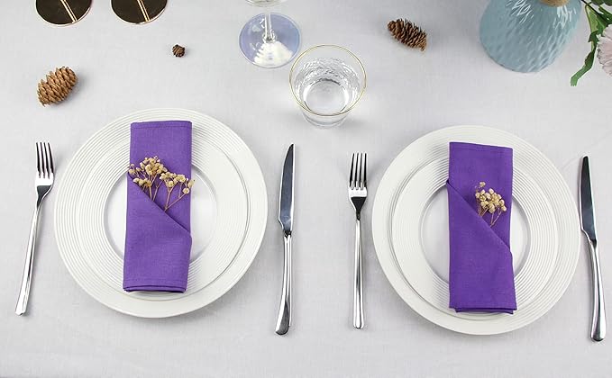 Solid Color Linen Blended Thin Dinner Cloth Napkins - Set of 12 (40 x 40 cm) - for Events & Home Use (Purple)