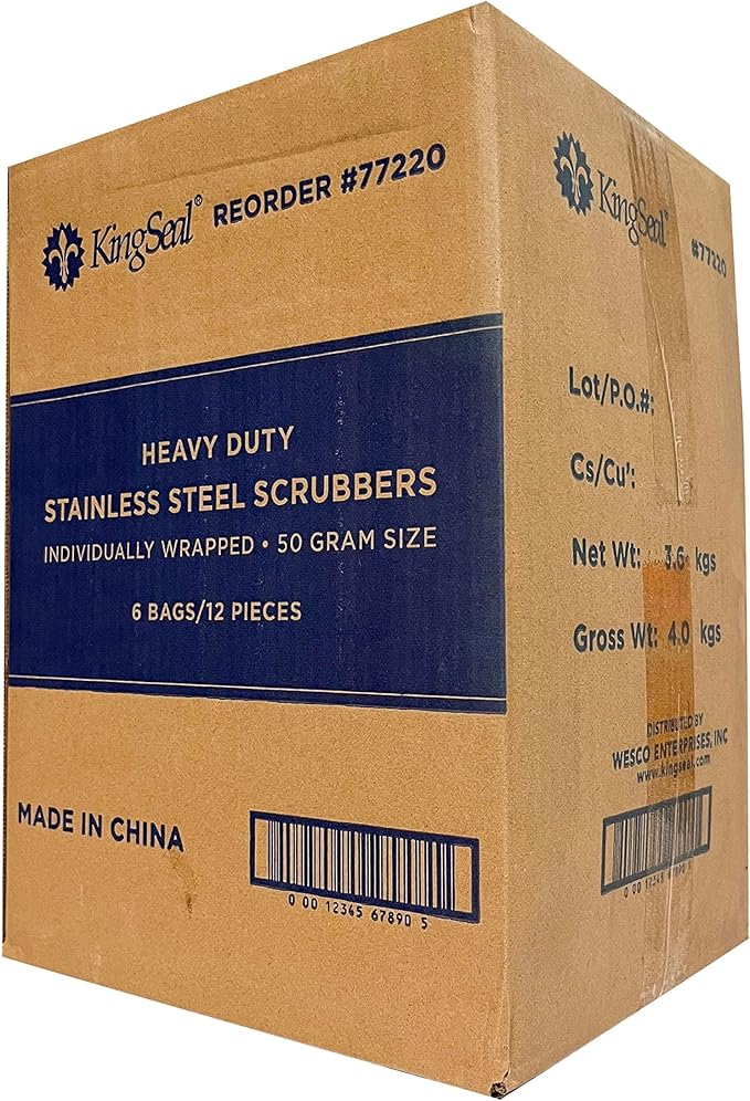 72 Count | KingSeal Stainless Steel Scrubbers, Scrub Pads, Heavy Duty, 50 gram Weight, Individually Wrapped - 6 Packs of 12 Scrubbers