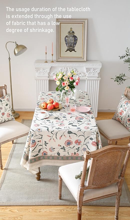 French Tablecloth for Rectangle Tables,Linen Table Cloth with Pink Flowers and Leavs Pattern,Heavy Durable Table Cover for Dining Thanksgiving Kitchen Decor Party Christmas,63"*102"