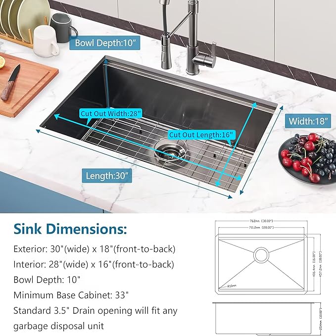30 inch Black Undermount Kitchen Sink, Stainless Steel Undermount Workstation Sink 16 Gauge Handmade Single Bowl Kitchen Sinks R10 Round Corner with Ledge and Accessories (Pack of 5)