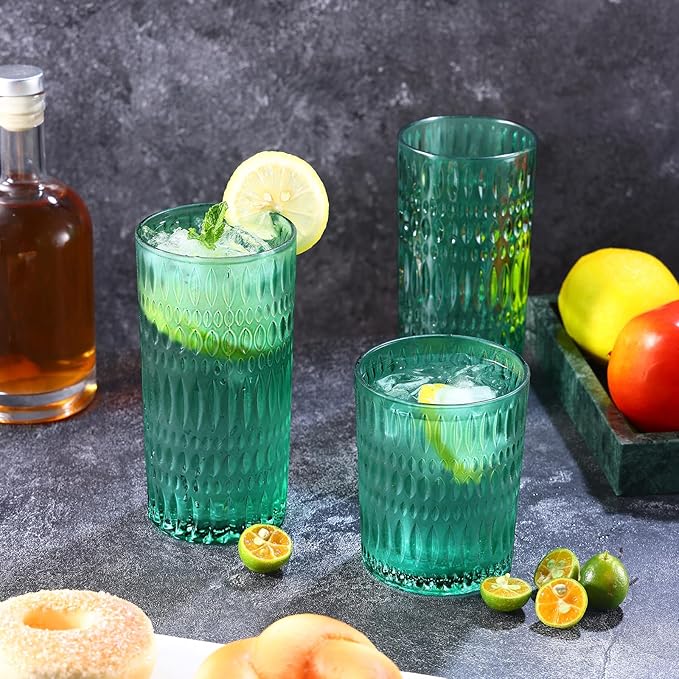 Glassware Drinking Glasses Set of 8, 14 oz Highball Glasses & 10 oz Ribbed Glass Cups, Vintage Glassware for Water, Juice, Cocktail, Whiskey (Atroviens)