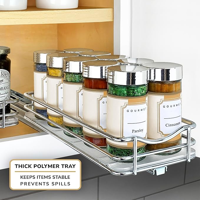 LYNK PROFESSIONAL® Pull Out Spice Rack Organizer for Inside Kitchen Cabinets - 4-3/8 inch Wide - Slide Out Drawer – Chrome Sliding Spice Cabinet Organization Shelf Racks - 1 Tier
