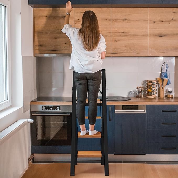 4 Step Ladder with Handrails, Kitchen Step Stool for Adults 330 lbs, Portable Step Stool Foldable, Lightweight Stepping Stool with Non-Slip Pedals, Aluminum Folding Ladders for Home Garage