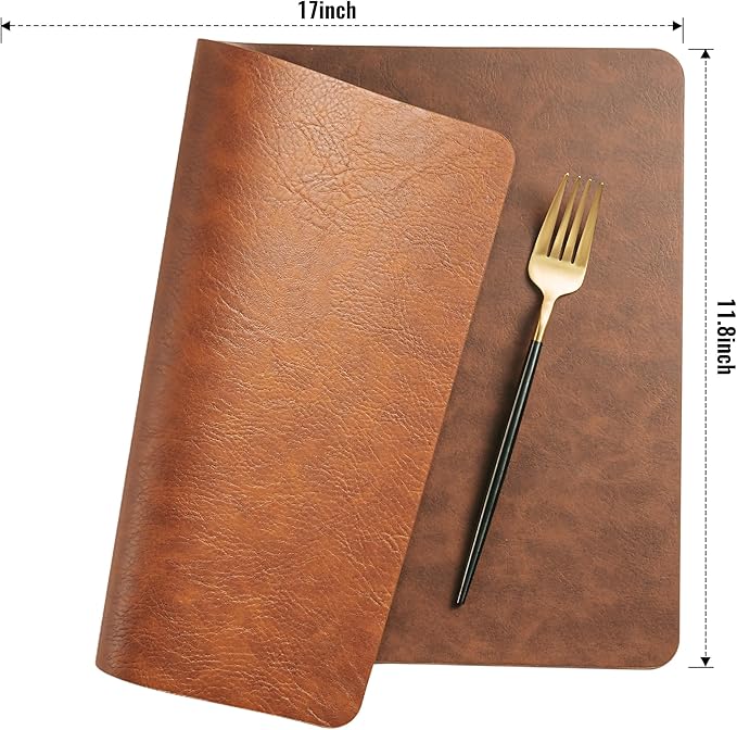 DOLOPL Thanksgiving Placemats Set of 8 Reversible Dual-Color Table Placemats – Heat Resistant Wipeable & Washable Place Mats, Luxury Faux Leather Table Mats for Table Decor (Reddish Brown & Brown)