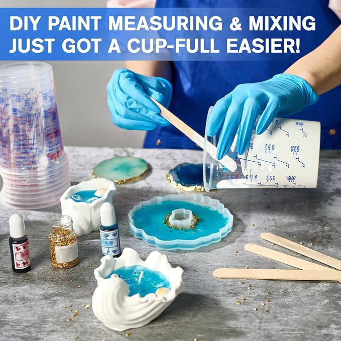 100 Pack Plastic Mixing Cups, 20 oz (600ml), Disposable Measuring Cups with 50 Wooden Mixing Sticks, Measurement ratios: 2:1, 3:1, 4:1, Suitable for Epoxy Resin, Liquid Measuring, and Paint