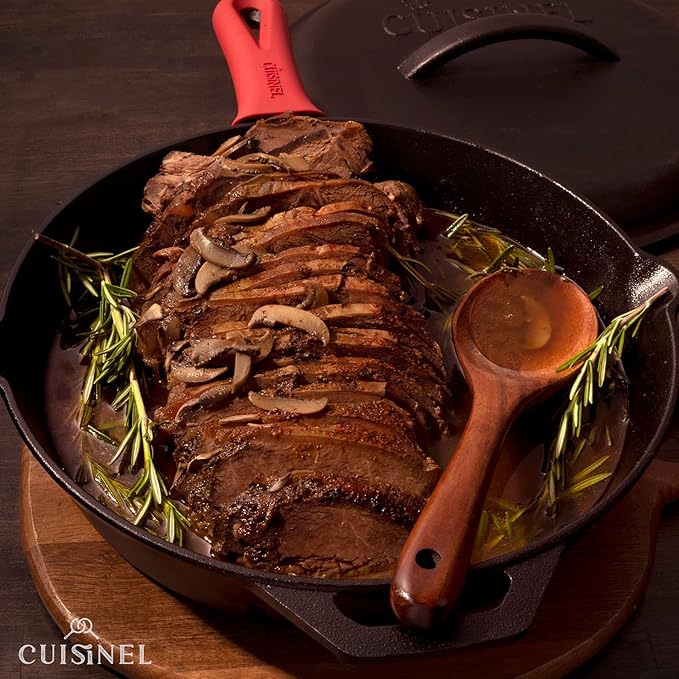 Cuisinel Cast Iron Skillet with Lid - 12"-inch Pre-Seasoned Covered Frying Pan Set + Silicone Handle & Lid Holders + Scraper/Cleaner - Indoor/Outdoor, Oven, Stovetop, Camping Fire, Grill Safe Cookware