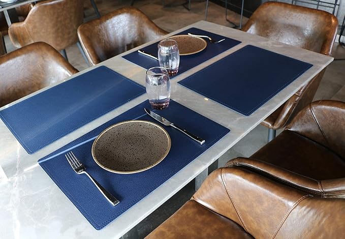Faux Leather Placemats, PU Table Mats, Set of 4, Waterproof, Stain Resistant, Heat Resistant, Non-Slip Easy to Clean for Kitchen Dining Table,Conference Table C Blue Rectangle