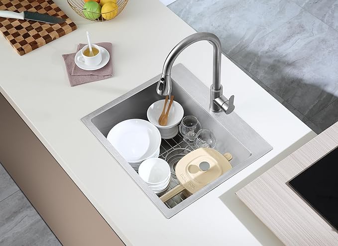 MENATT 21 x 18 inch Drop in Kitchen Sink, 18 Gauge Stainless Steel Single Bowl Topmount Kitchen Sink with Drain Assembly & Grid, Brushed Nickel