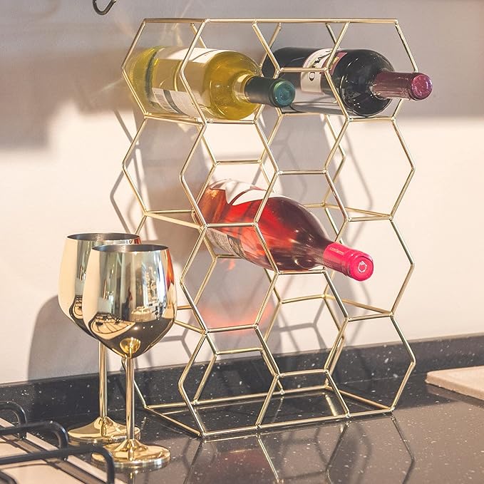 Gusto Nostro Countertop Wine Rack - 14 Bottle Freestanding Modern Gold Metal Small Wine Rack - 3 Tier Tabletop Wine Holder Stand for Cabinet, Pantry, Wine Bottle Storage - No Assembly Required