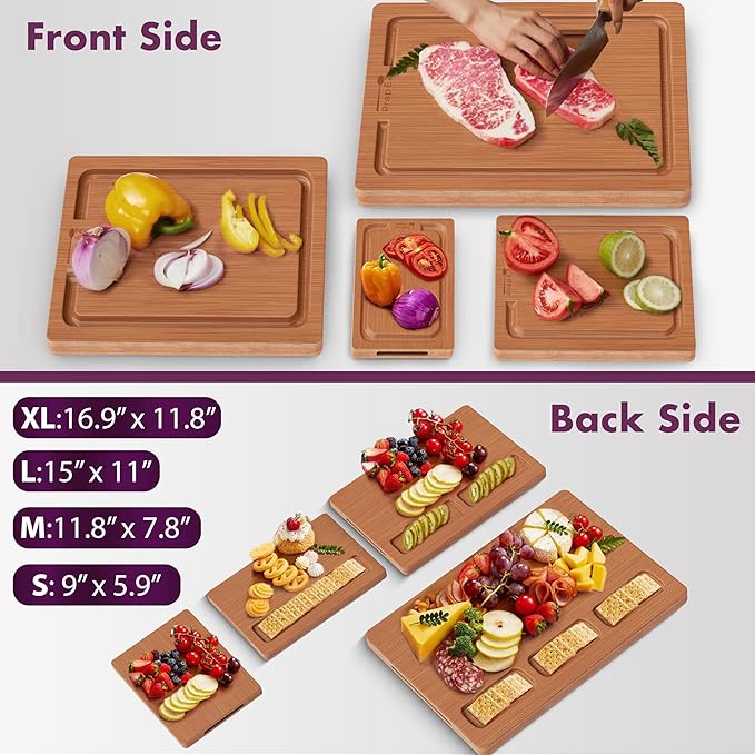 Heavy-Duty Cutting Boards for Kitchen – (Pack of 4) Wood Cutting Board Set – Bamboo Cutting Board Set with Deep Juice Grooves – Ideal for Chopping Meat, Vegetables & Fruits, etc.
