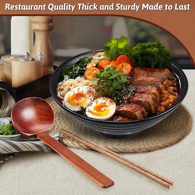8-Inch Large Ceramic Ramen Bowl Set of 2 (9 Piece) - Microwave & Dishwasher Safe Porcelain Japanese Salad Noodles Cereal Fruit Pasta Soup Bowls with Recipes Chopsticks Forks Spoons for Men Women Gift