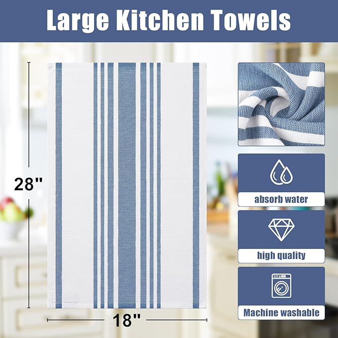Homaxy Premium Kitchen Towels 18”x 28”, Large Cotton 380 GSM Kitchen Hand Towels, Stripe and Terry Dish Towel, Highly Absorbent Tea Towel Set with Hanging Loop, 8 Pack, Navy Blue