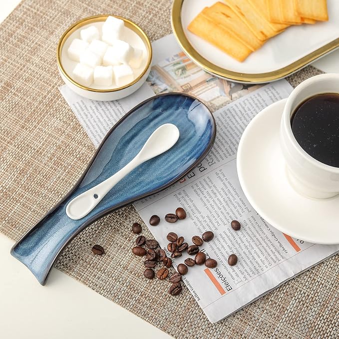 Hasense Ceramic Spoon Rest Set of 2 for Stove Top, Porcelain Spoon Holder for Kitchen Counter Cooking Utensil Home Decor, Kitchen Spatula Holders for Spoons, Ladles and Tongs, Navy