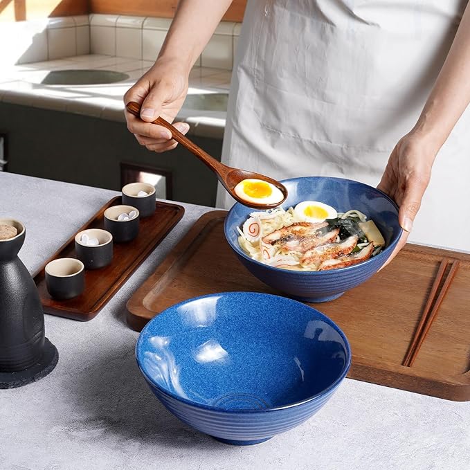 NUTRIUPS 8 Inch Ceramic Ramen Bowl Set of 2 Pho Bowls 40oz Japanese Noodle Udon Soup Bowls with Spoons and Chopsticks (Sapphire Blue)