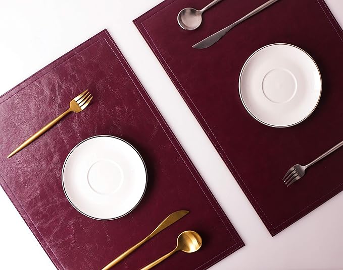 Waterproof PU Placemats, Faux Leather Dining Table Mat, Set of 4, Easy to Wipe Off Scrub Vinyl Mat, Heat & Stain Resistant for Office Conference Table, Home Decor G Bordeaux