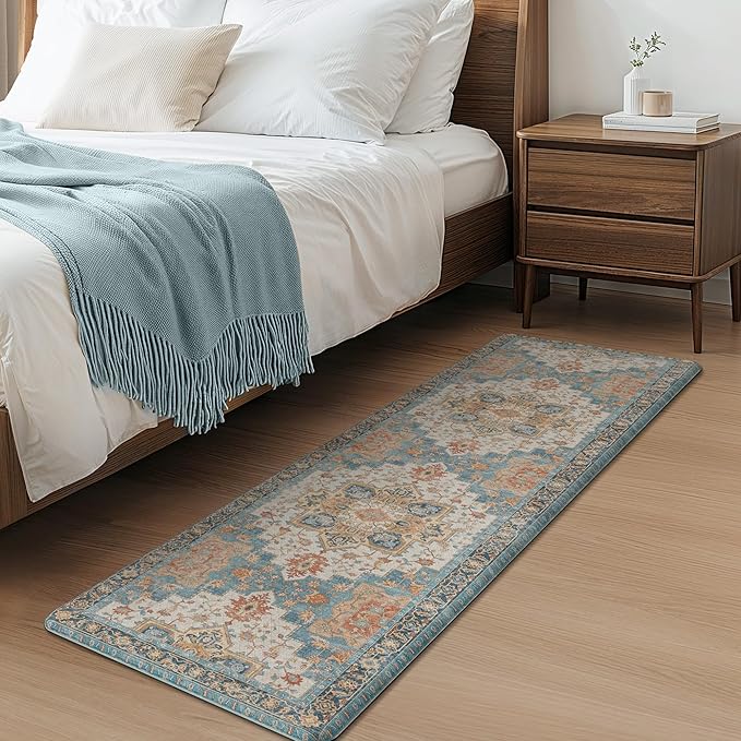 GENIMO Kitchen Mats for Floor 2PCs, Washable Anti Fatigue Mat for Cushioned, 17.3"x59"+17.3"x30", Waterproof Kitchen Rugs, Non Slip Comfort Standing Mat Rug for Home, Sink, Laundry, Blue&Salmon