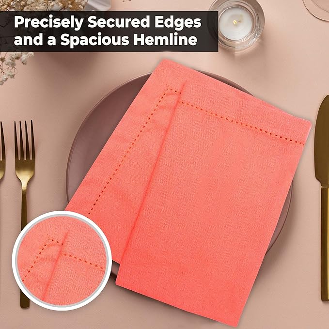Urban Villa Fall Cloth Napkins Hemstitch Dinner Napkins Orange Color 20''x20'' (Set of 12) 100% Cotton Absorbent Napkins Soft Durable Reusable Washable Ideal for Events Parties Everyday use