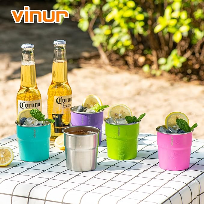 VINUR Kids Stainless Steel Cups-8 oz Stackable Metal Drinking Tumbler Glasses for Travel, Camping, Outdoors (Sky Blue-Orange-Hot Red-Apple Green)
