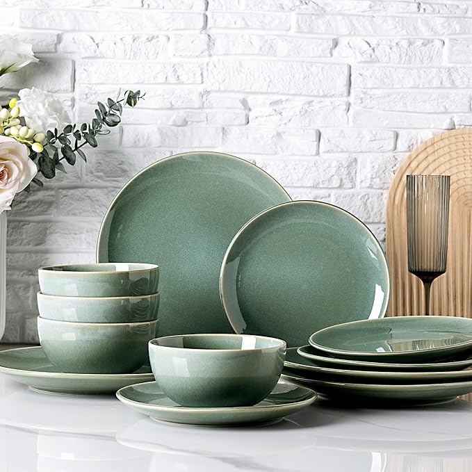 GBHOME Ceramic Dinnerware Sets for 8, 24 Pieces Stoneware Plates and Bowls Sets, Reactive Glaze Dish set -Scratch Resistant, Dishwasher&Microwave Safe-Malachite Green