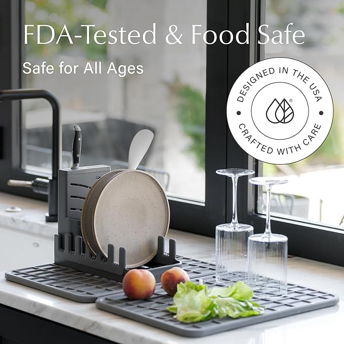 Dorai Home Collapsible Dish Drying Rack and Stone Dish Pad – Large Foldable Drying Rack with Instant - Dry Stone Mat –Space-Saving Drainer Rack for Kitchen Counter - 24.6" x 16.5", Slate