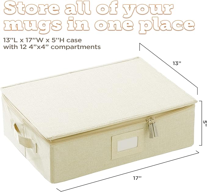 storageLAB Cup and Mug Storage Containers, Hard Shell Storage Case with Felt Dividers for Cups, Mugs, Dishes, and Glasses, Ideal for Kitchen Organizing and Moving Supplies - 1 Pack, Cream