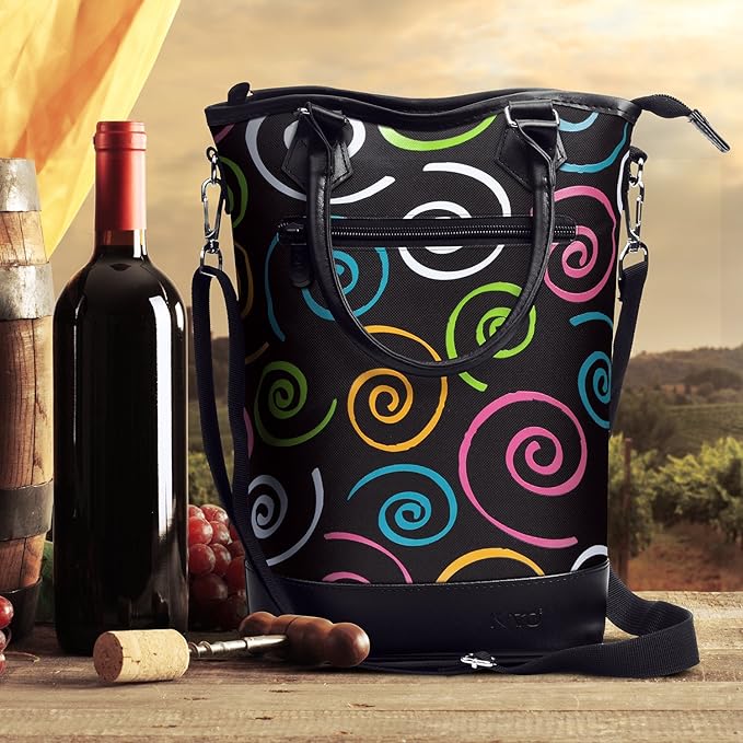 Tirrinia Insulated Wine Gift carrier Tote - Travel Padded 2 Bottle Wine/Champagne Cooler Bag with Handle and Adjustable Shoulder Strap, Great Wine Lover Gift, SPIRAL