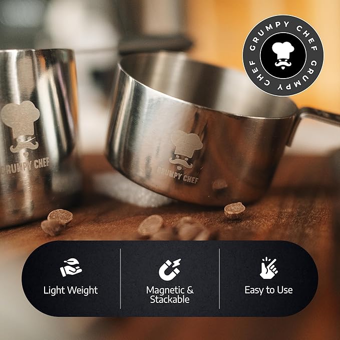 GRUMPY CHEF Stainless Steel Measuring Cups and Spoons Set with Magnetic Leveler – 13-Piece Nesting Set, Dual-Sided Magnetic Spoons, Flat Bottom Design for Stability – Rust-Resistant, Dishwasher Safe