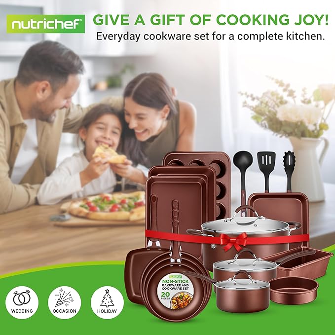 NutriChef 20 Piece Professional Home Kitchen Cookware and Bakeware, Pots and Pans Set Non Stick Kitchenware, Cool-Touch Handles, Safe for Gas, Electric, Induction Cooktops, Easy Clean, Brown