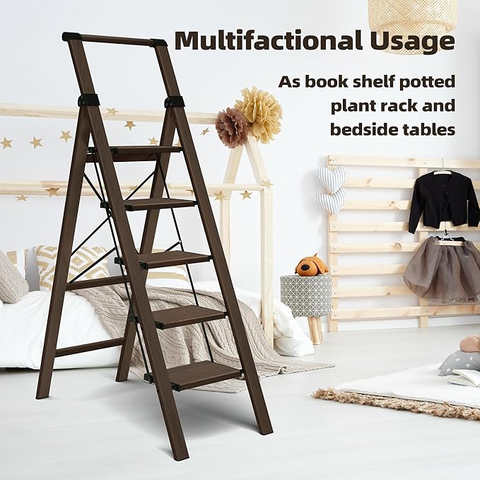 HillhutApex 5 Step Foldable Aluminum Step Ladder with Handgrip, Anti-Slip Pedal, 330lbs Capacity, Lightweight & Portable for Home, Kitchen, Office, Garage (Walnut)
