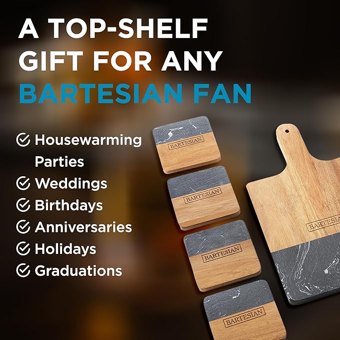 Bartesian Wooden Cutting Board & Drink Coaster Set - Premium Acacia Wood & Marble Cocktail Garnish Cutting Board & Beverage Coaster for Home Bars - Sophisticated Bar Accessories Gift Set