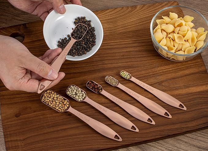 Accurate 18/8 Stainless Steel Measuring Spoons, Heavy Duty Good Handle Set of 6 Measuring Spoon with Ring Connector, Rose Gold