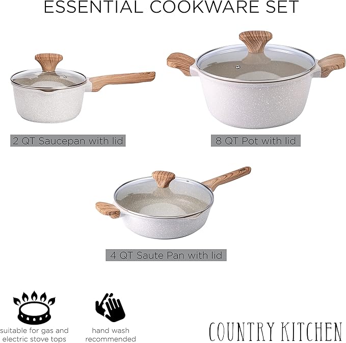 Country Kitchen Non-Stick Cast Aluminum Cookware Set - Durable Kitchen Cookware for Everyday Cooking, Speckled Cream, 6 Pc.