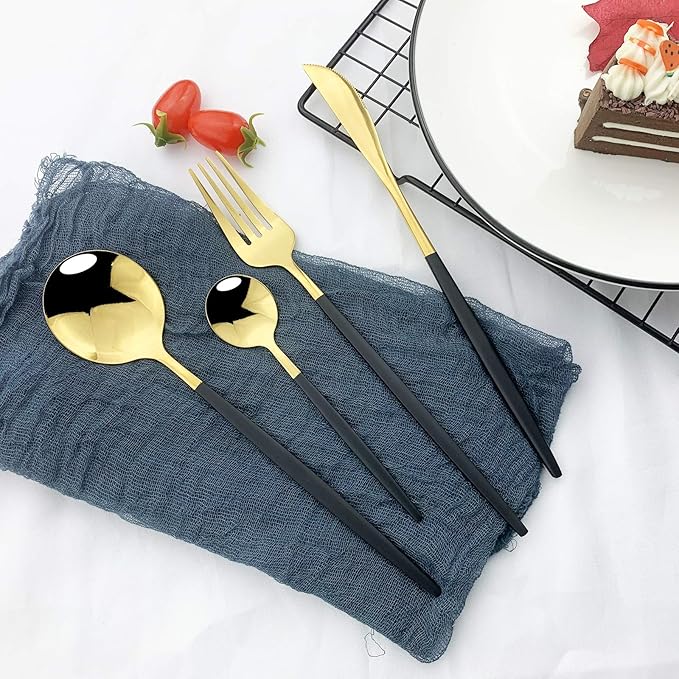 JASHII Flatware Serving Set 24 Piece, Stainless Steel Silverware Set, Titanium Black Gold Cutlery Set, Modern Elegant Tableware Set for Party, Christmas, Dinner (Black Gold)