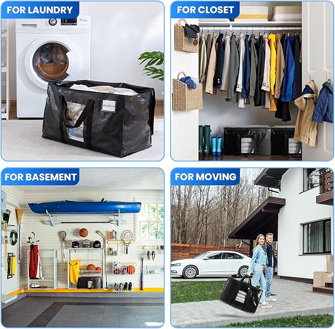 TAILI Extra Large Moving Bags, 12 Pack Black Heavy Duty Totes for Storage with Visible Window, Wrap Around Handles, Storage Bags for Space Saving, Alternative to Moving Boxes