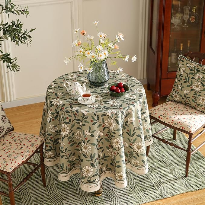 French Tablecloth for Round Tables,Linen Table Cloth with Colorful Flowers and Leaves Pattern,Heavy Durable Table Cover for Dining Kitchen Decor Party Banquet Christmas,Diameter 55"