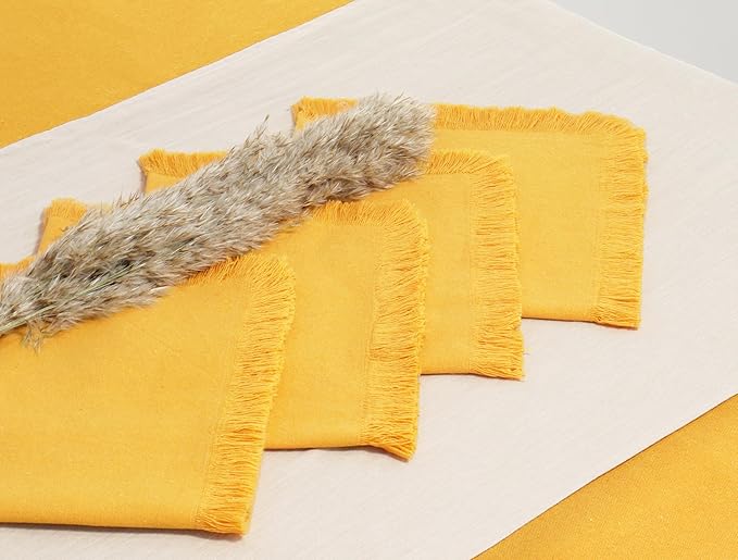PurpleEssences Cloth Napkins with Fringes, 100% Cotton Christmas Holiday Winter Table Decor, Set of 6 18x18 Inch Reusable Dinner Napkins for Parties and Weddings - Golden Yellow