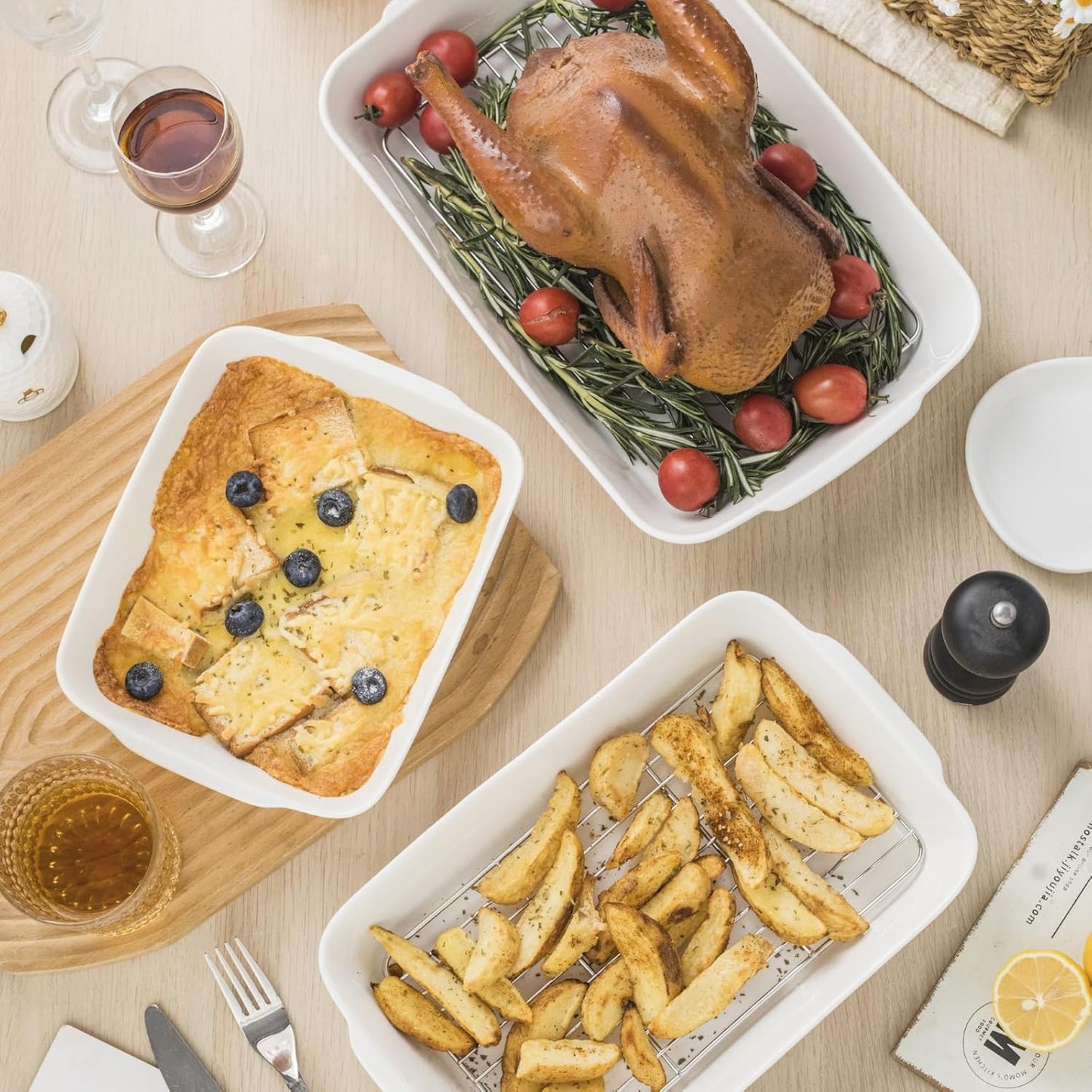 Casserole Dish with Roasting Racks, 3 QT Baking Dish with Handles, White Bakeware, Ceramic Baking Pan, Microwave Oven Safe, Dinner, Wedding (13.6"*8.7")