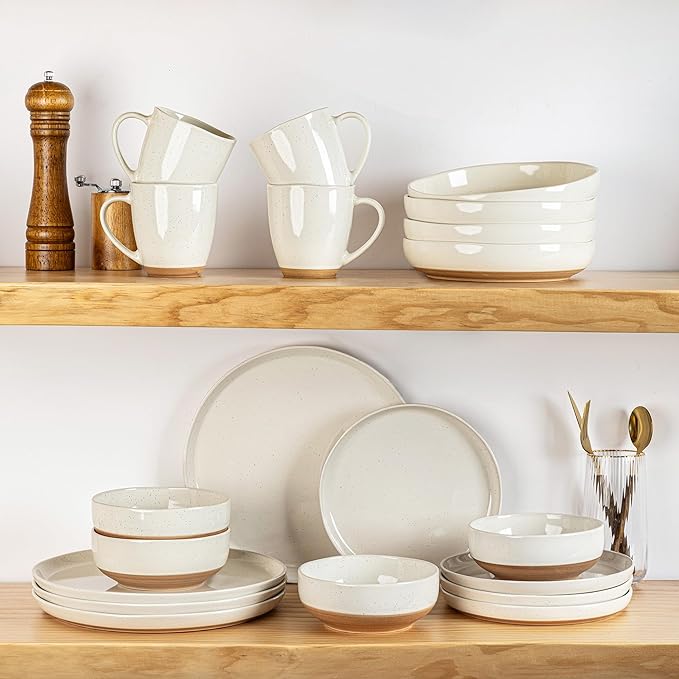 AmorArc Ceramic Dinnerware Sets, Handpainted Plates and Bowls Set with Rustic Terracotta Underside, Scratch Resistant Stoneware Dishes Set, Dishwasher & Microwave Safe