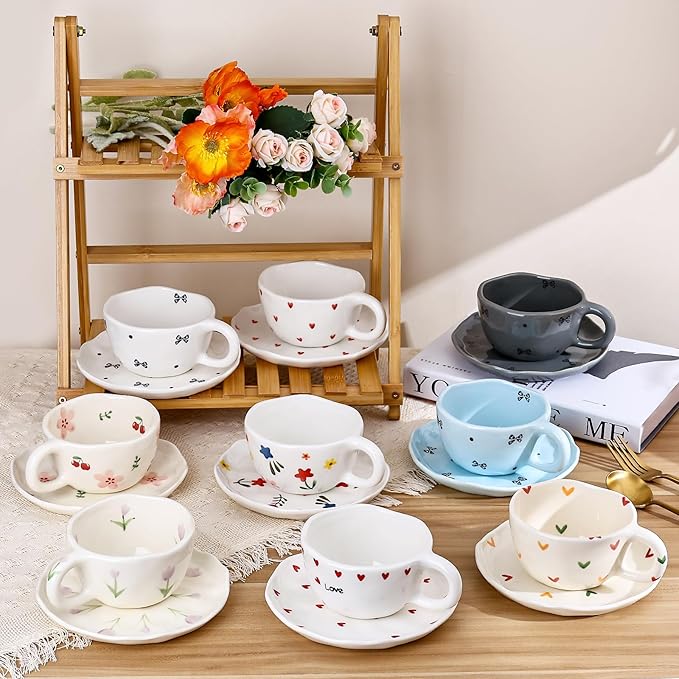 Koythin Ceramic Coffee Mug with Saucers, Handmade Flowers Mugs, Cute Cup for Girl Women, Aesthetic Tea Milk Cup with Handle, 8.5 oz/250 ml for Latte, Cocoa, Office, Home (Black Small Bow)