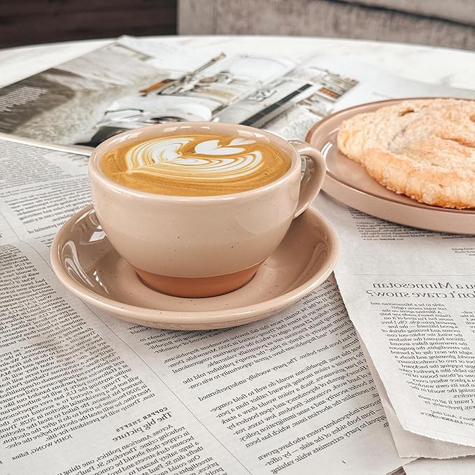 Mora Ceramic Latte Art Mug With Saucer - 10.5 oz, Round Bottom For Perfect Pours - Cafe Cups for Cappuccino, Espresso, Coffee, Tea etc - Porcelain Set for Baristas, Great Gift - Chai Latte