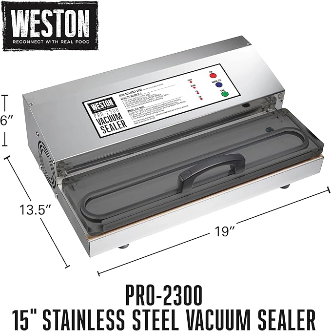 Weston Brands Vacuum Sealer Machine for Food Preservation & Sous Vide, Extra-Wide 5mm Bar for Sealing Bags up to 15" Wide, 1020 Watts, Commercial Grade Pro 2300, Stainless Steel (65-0220-W)