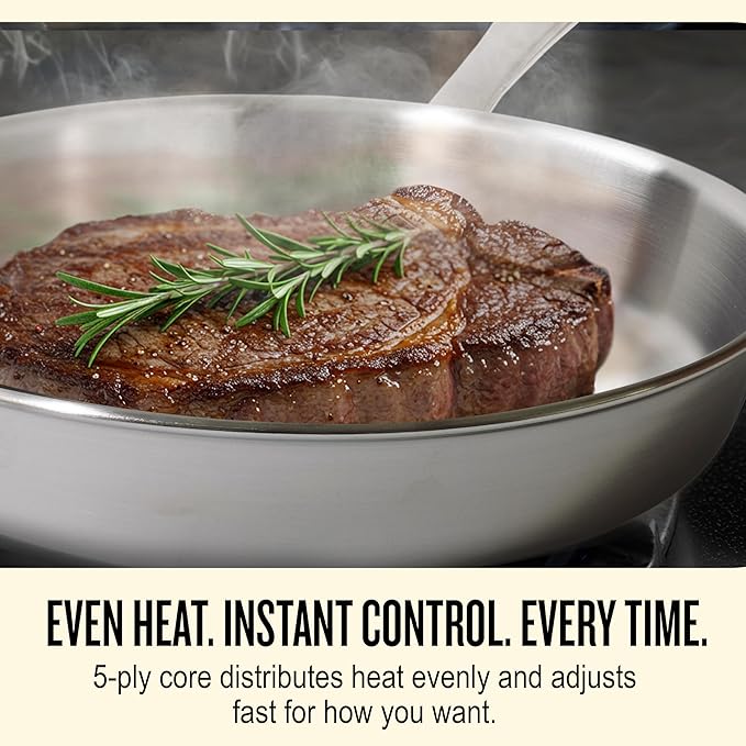 Alva Maestro 9.5" 5-Ply Stainless Steel Frying Pan & Glass Lid – Made Without PTFE/PFOA/PFAS, Non-Toxic & Oven Safe Cookware – Induction Compatible, Even Heat Distribution, Ergonomic Stay-Cool Handle