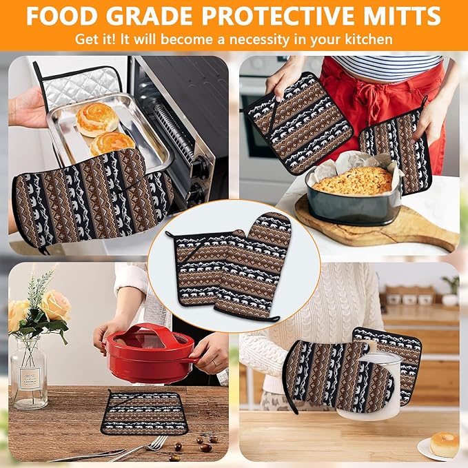 Vintage Rustic Bear Oven Mitts and Pot Holders Sets 4Pcs,Extra Long Oven Gloves Potholder for Kitchen Cooking Baking BBQ 100% Cotton Heat Resistant