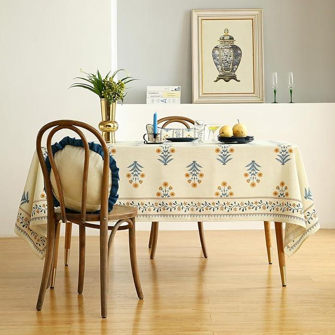French Tablecloth for Rectangle Tables,Linen Table Cloth with Yellow Flowers and Leavs Pattern,Heavy Durable Table Cover for Dining Thanksgiving Kitchen Decor Party Christmas,63"*102"