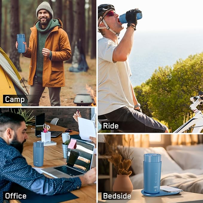 Temperature Control Heated Coffee Mug Smart Self Heating Travel Mug 12 Oz App Controlled Warmer Mug 4-10 Hour LED Display Keep Coffee Hot All Day Fast Wireless Charger Base Lake Blue