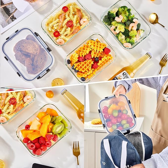 Liuruiyu 8 Pack 36OZ Glass Food Storage Containers with Lids, Meal Prep Containers, Airtight Bento Boxes with Leak Proof Locking for Microwave, Oven, Freezer and Dishwasher, BPA Free