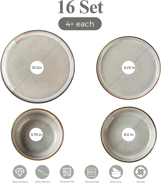 GBHOME 16 Pieces Double Bowls Ceramic Dinnerware Sets for 4, Stoneware Plates and Bowls Set with Reactive Glaze, Scratch Resistant Stoneware Dishes Set, Dishwasher & Microwave Safe
