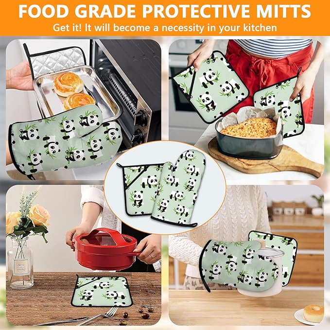 Cute Panda Oven Mitts and Pot Holders Sets 4Pcs,Extra Long Oven Gloves Potholder for Kitchen Cooking Baking BBQ 100% Cotton Heat Resistant